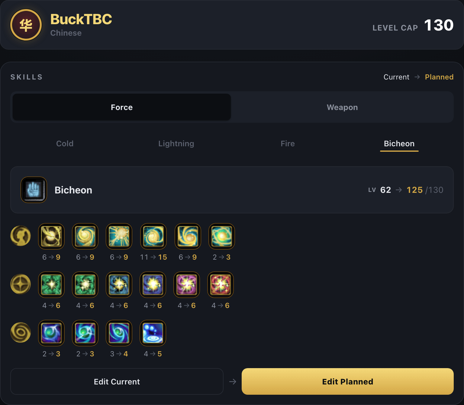 Preview of a saved Silkroad Online build showing a mastery leveled from 62 to 125 and its skill series